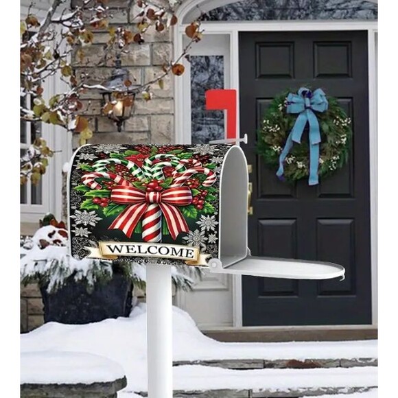 Magnetic Mailbox cover 21x18in Polyester Welcome Candy Cane and Bow NEW - Picture 1 of 3